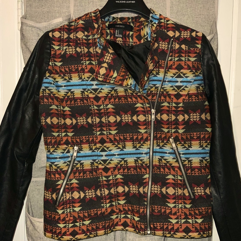 Forever 21 Native print jacket with leather sleeves